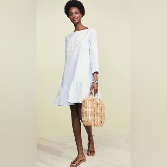 Roller Rabbit Women 100% Linen Ebonie Dress Small Blue Embroidered Spring Coasta - Picture 1 of 10